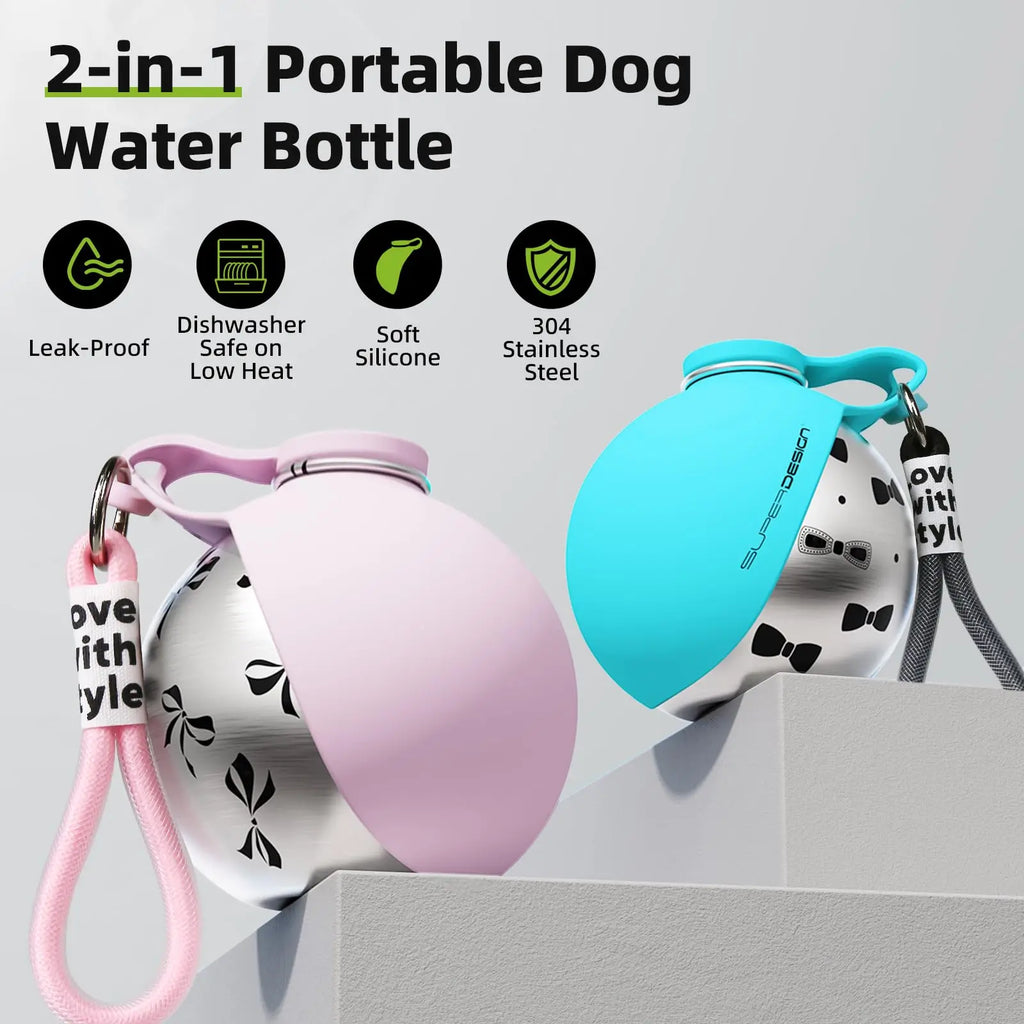 Stainless Steel Dog Water Bottle with Fold-Out Bowl