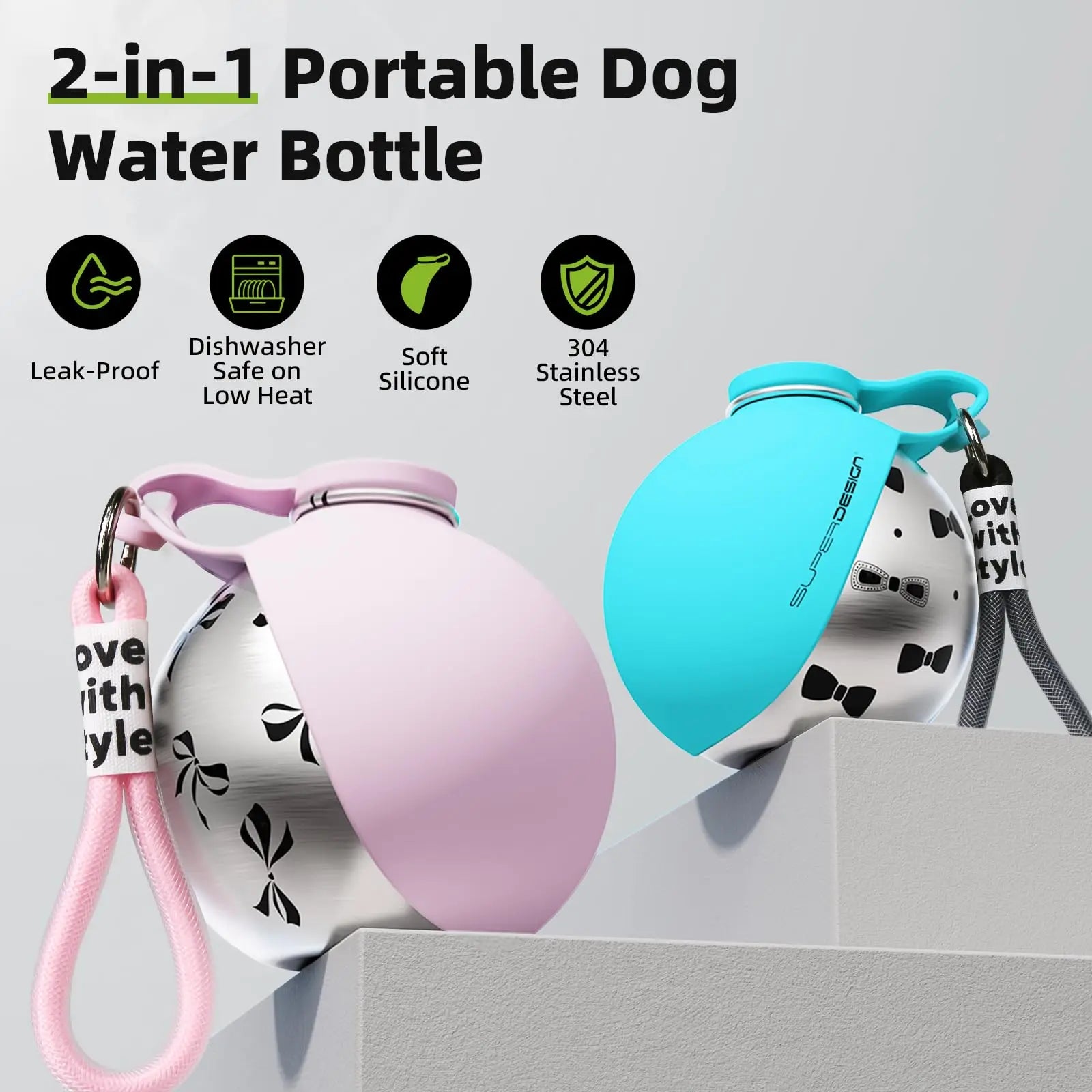 Stainless Steel Dog Water Bottle with Fold-Out Bowl